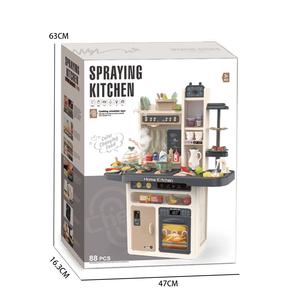 93.5CM KITCHEN SET 88PCS W/MIST SPRAY,LIGHT,RUN WATER,CHANGE COLOR FOOD,EGG STEAMER toys