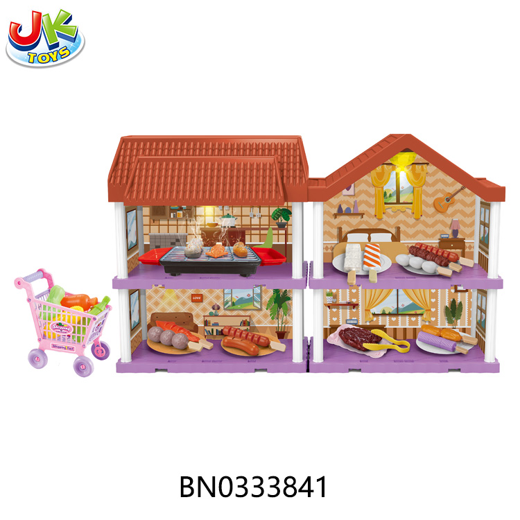 DIY VILLA,W/BBQ,SHOPPONG TROLLEY,W/2 LIGHT,92PCS toys