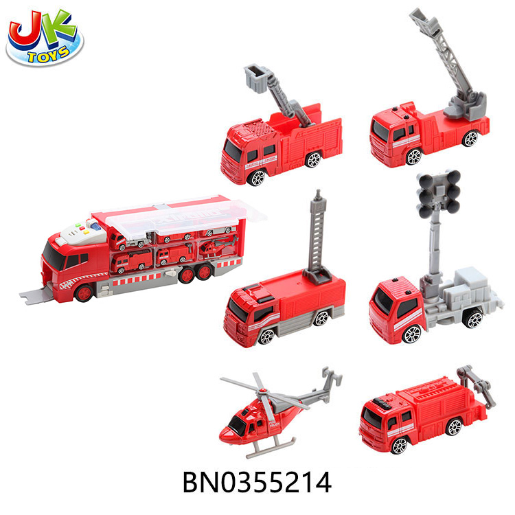 CARGO TRUCK WITH 6 FIRE ALLOY TRUCKS(SLIDE FUNCTION,W/LIGHT,MUSIC,NO ELECTRIC) toys