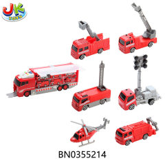 CARGO TRUCK WITH 6 FIRE ALLOY TRUCKS(SLIDE FUNCTION,W/LIGHT,MUSIC,NO ELECTRIC)