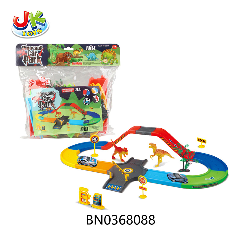 TRACK PARKING +METAL PULL-BACK CAR 1PCS+ACCESSORIES 1 SET+1 DINOSAUR +2 COCONUT TREES toys