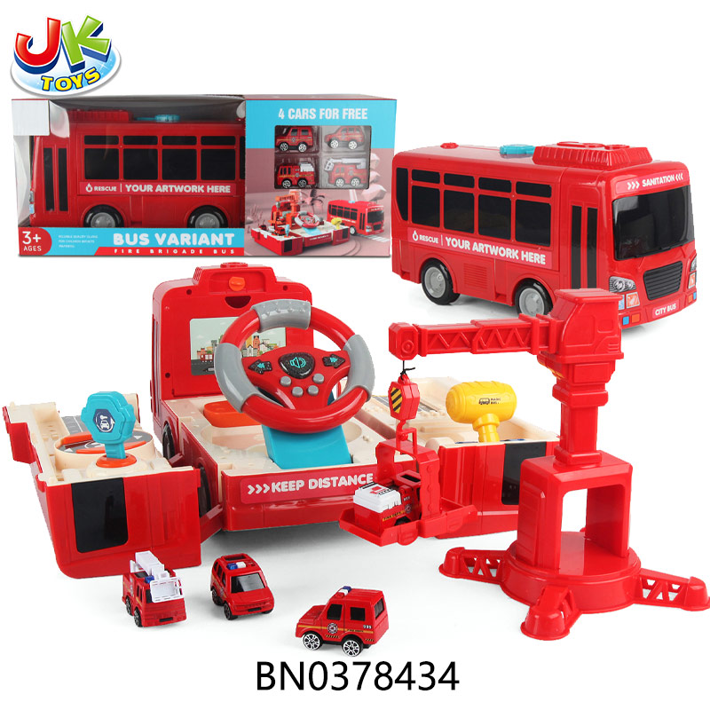 FREE WHEEL TRANSFORMER STEERING WHEEL BUS W/4PCS PULL BACK ALLOY CAR, LIGHT AND SOUND toys