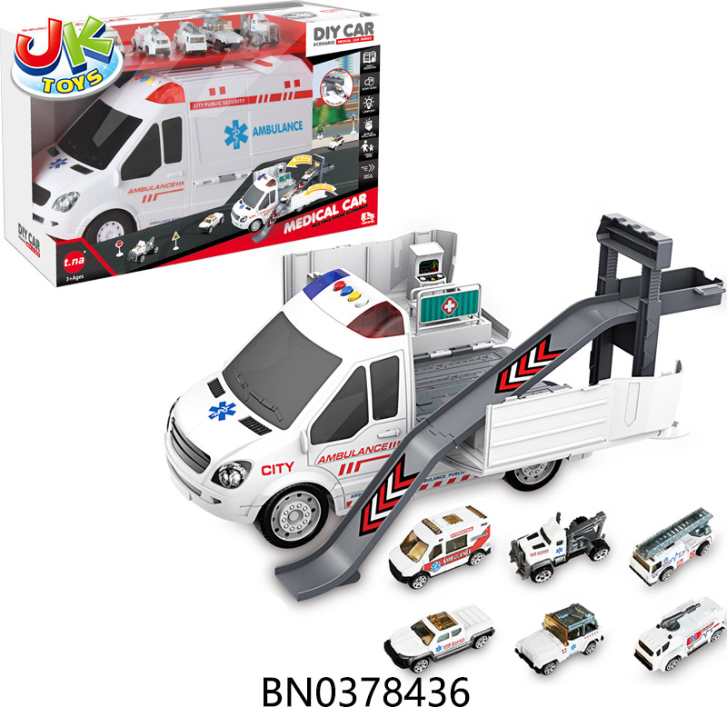 FRICTION CARTOON ALLOY AMBULANCE SET,W/ROAD SIGN,LIGHTS,SOUND toys