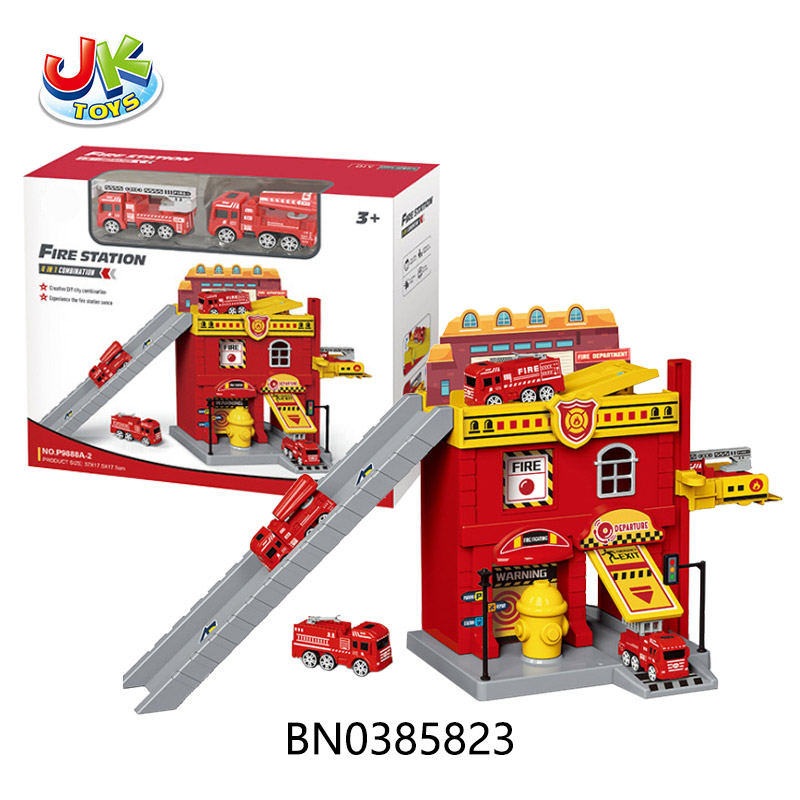 FIRE PARKING LOT SET,W/SLIDE FIRE TRUCK*2(21 PCS) toys