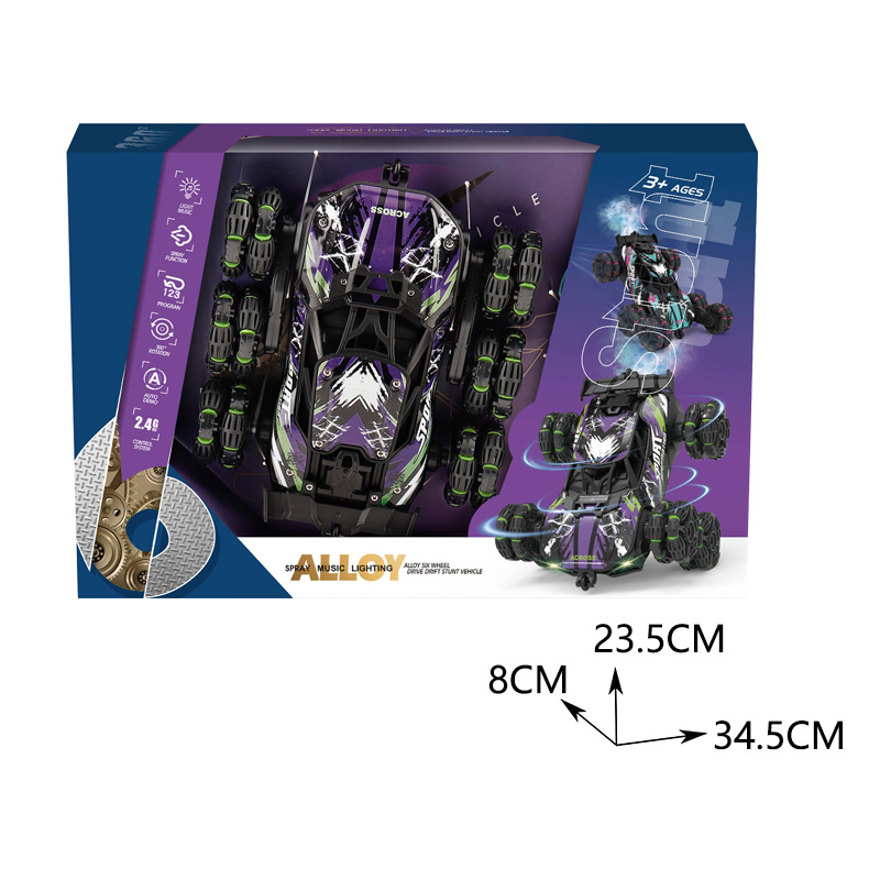 2.4G 6-WHEELED R/C ALLOY STUNT CAR W/LIGHT,MUSIC,SPRAY(3 COLORS)DUAL REMOTE CONTROL toys