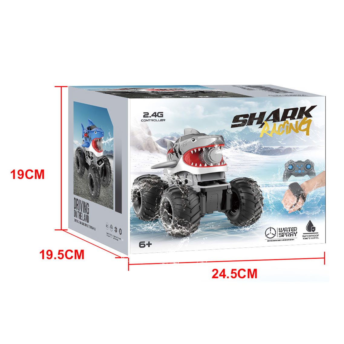 RC SHARK RACING WATERPROOF CAR W/SPRAY，BLUE/GREY ASST toys